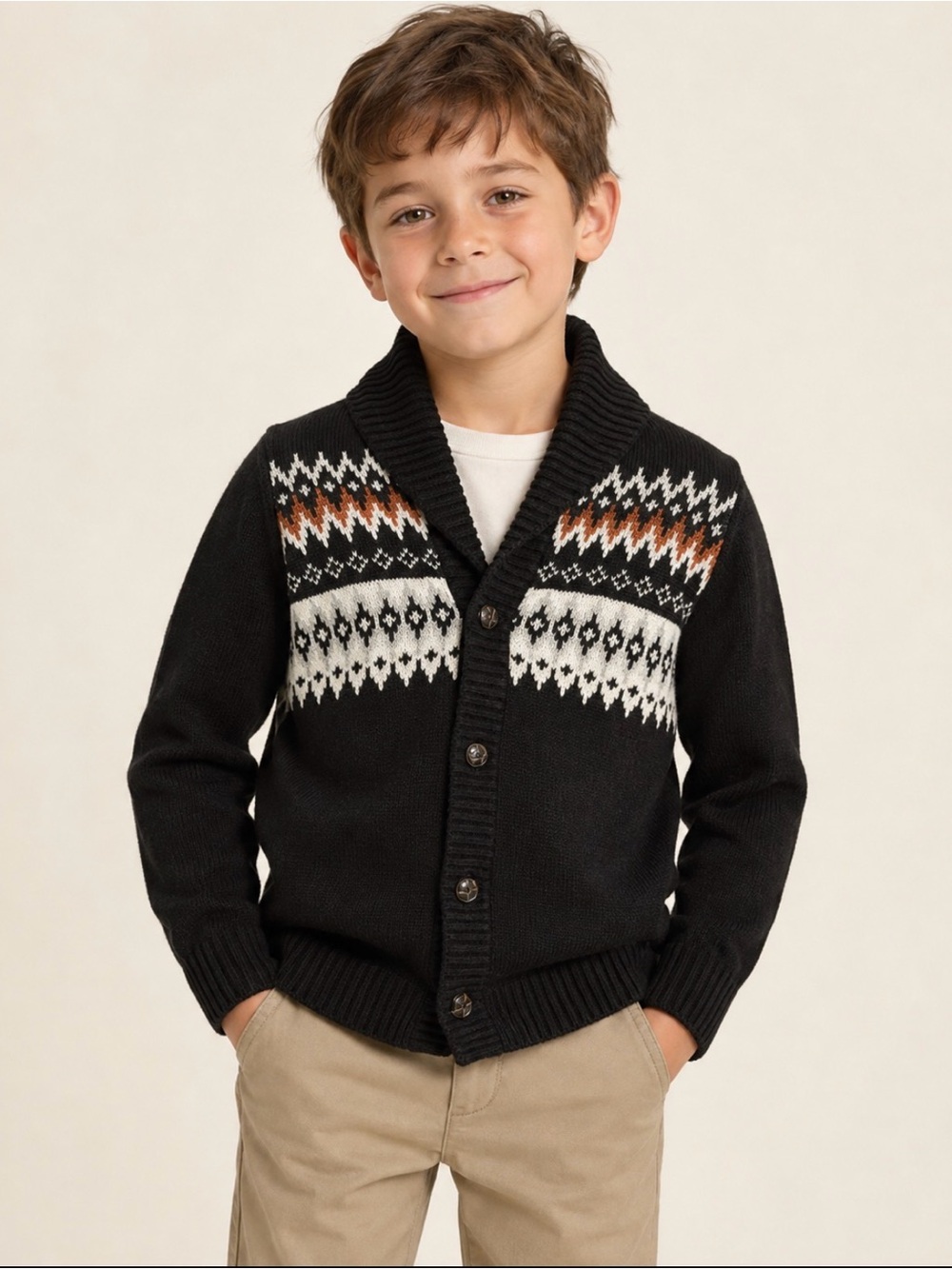 Janie and Jack Boys Black and Brown Fair Isle Shawl Collar Cardigan Size 8
